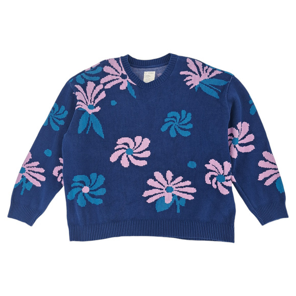 For Days Oversized Floral Crew Sweater 100% Cotton Navy Blue Women's Size XXL - Picture 1 of 3
